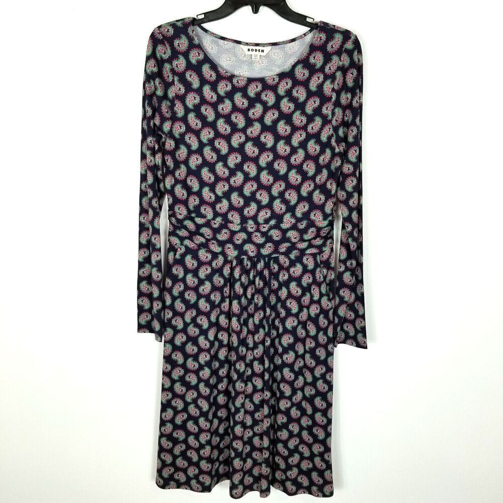 Boden Women Abigail Jersey Dress Size 8R Blue Paisley Long Sleeve Knee